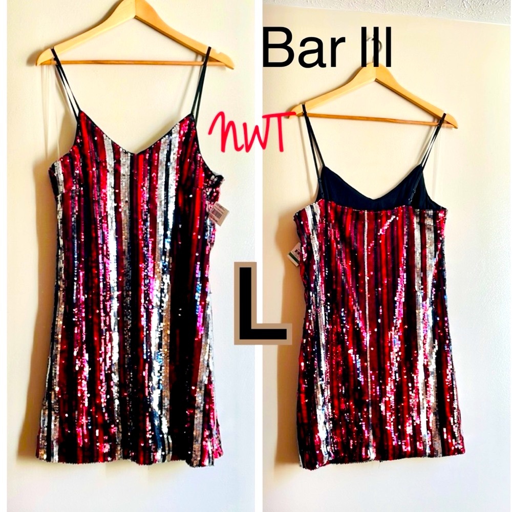 NWT (S)(M)(L)Bar lll red and silver sequined stripe shift mini party dress